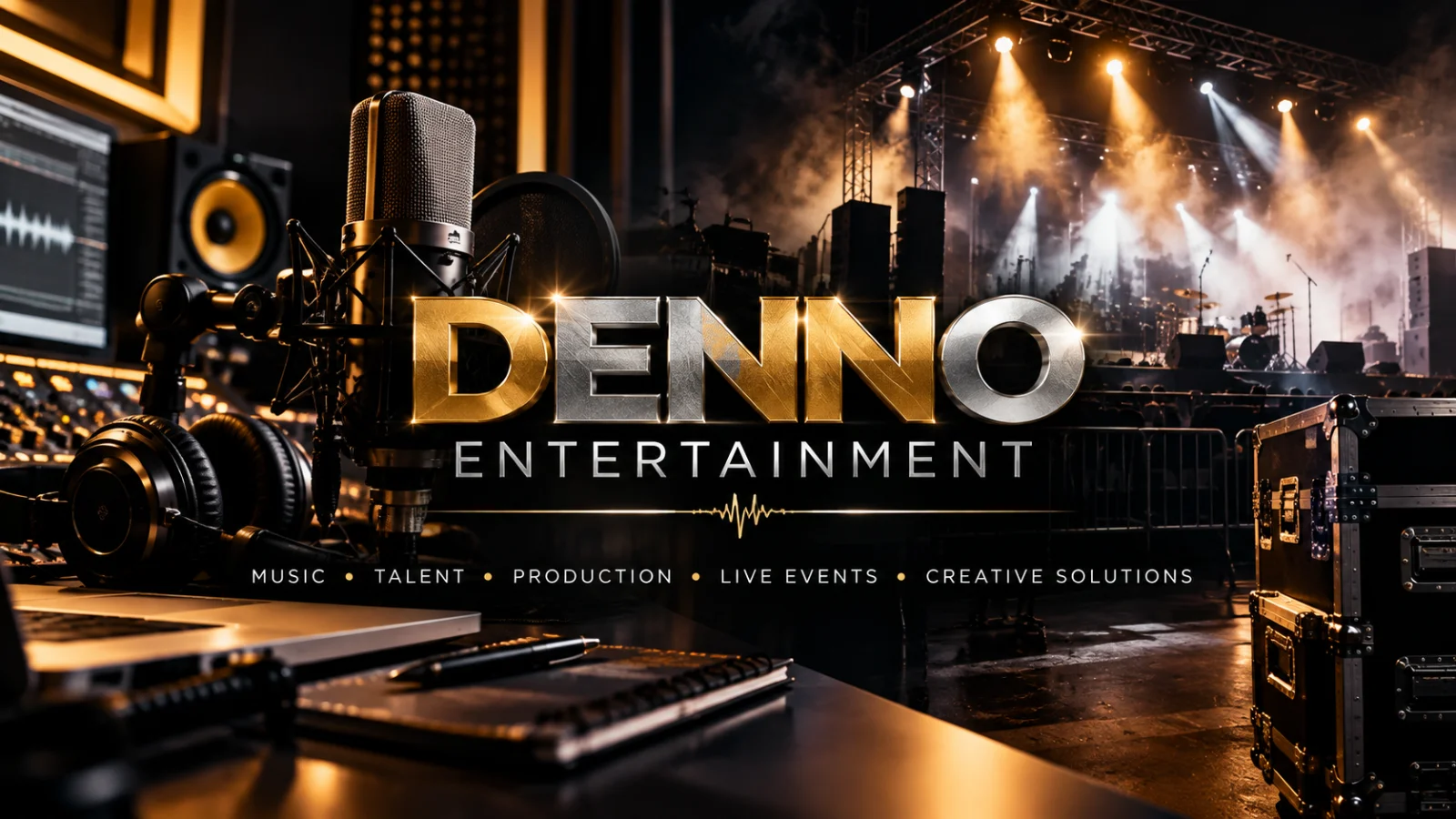 Cinematic DENNO Entertainment scene combining studio recording equipment with a live concert stage illuminated by gold and white lights.